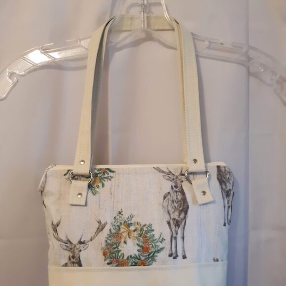 New Woodland Deer Double handle Satchel Purse Shoulder Bag Ivory Brown Western - Picture 2 of 11